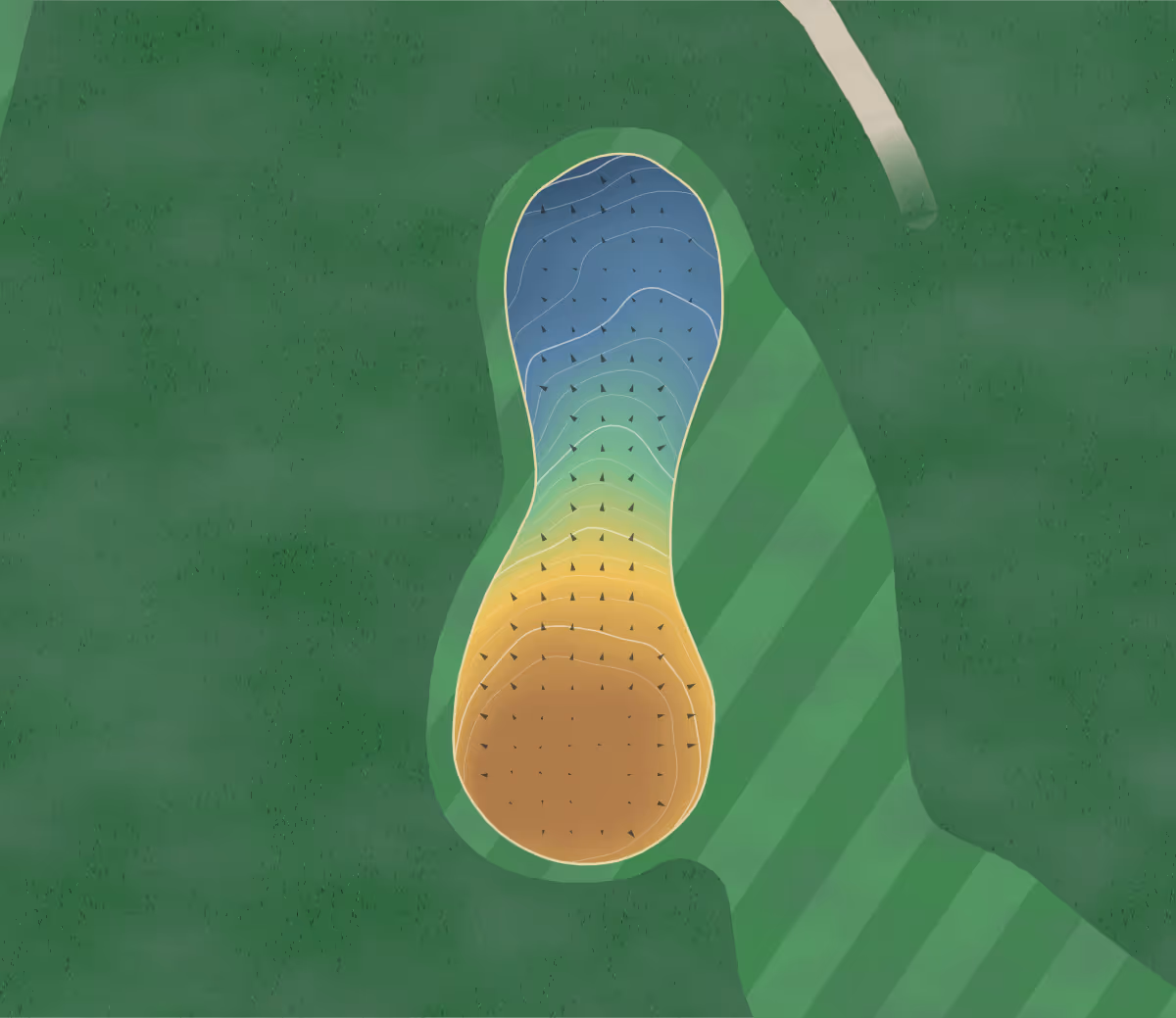Green contour map of Westminster Trails Golf Club in London, Canada — 192 elevation contours at a 8-centimeter interval with fall-line arrows, traced from 1-meter lidar