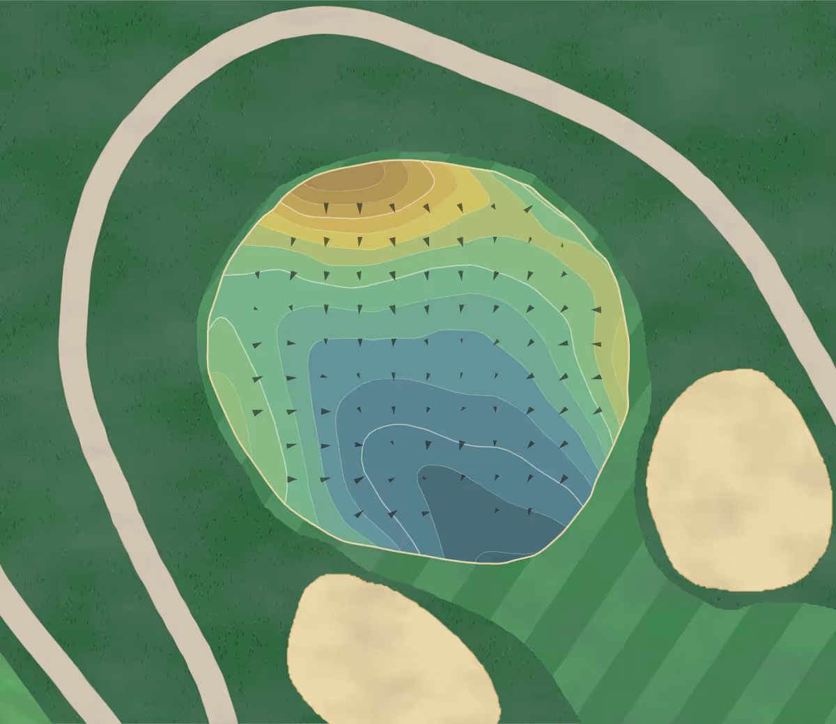 Green contour map of Westover GC in Ludlow, Massachusetts — 206 elevation contours at a 3-inch interval with fall-line arrows, traced from 1-meter lidar