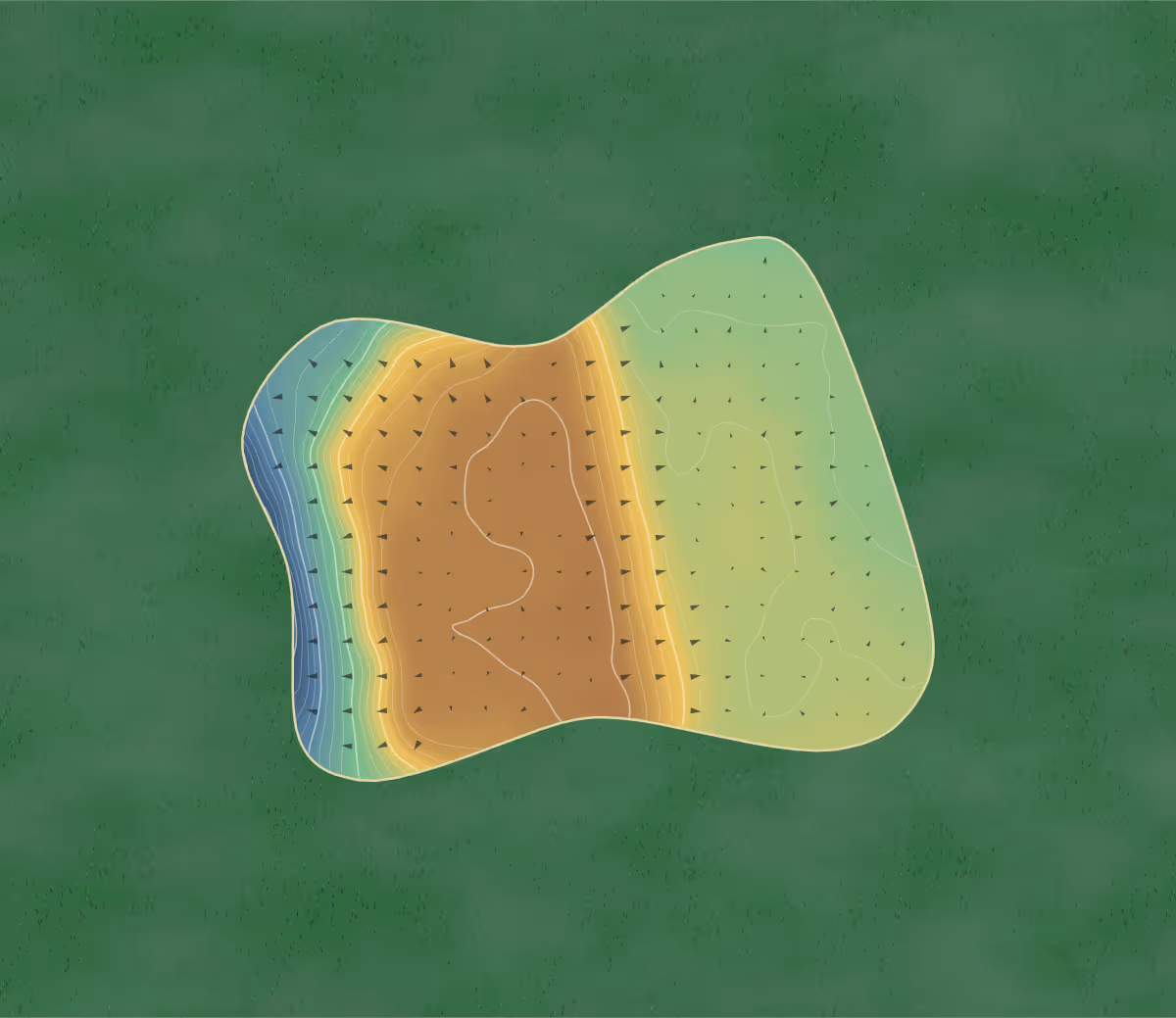 Green contour map of Westray in Orkney, Scotland: 135 elevation contours at a 8-centimeter interval with fall-line arrows, traced from 1-meter lidar