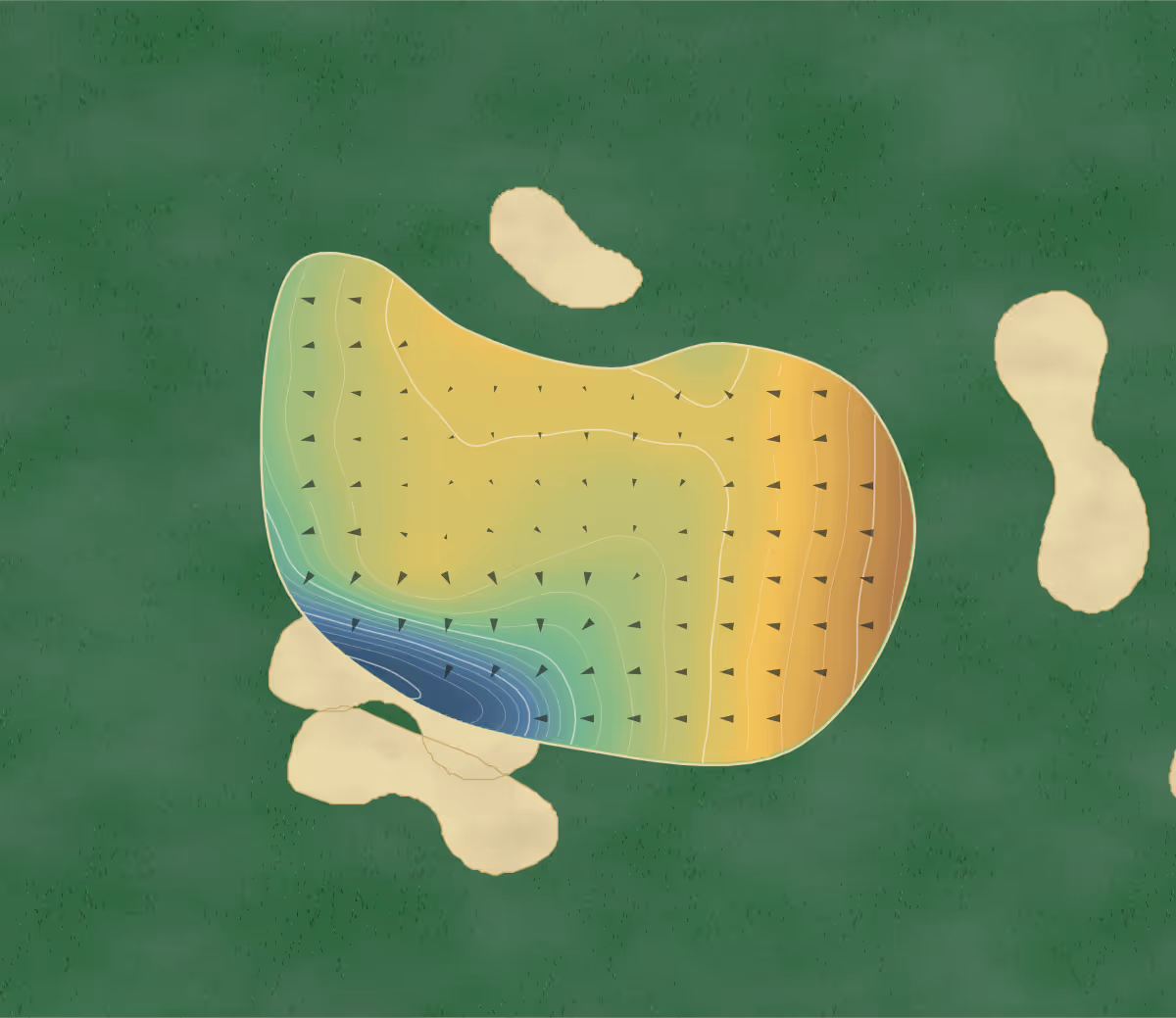 Green contour map of Westridge in Ryde, England: 90 elevation contours at a 8-centimeter interval with fall-line arrows, traced from 1-meter lidar