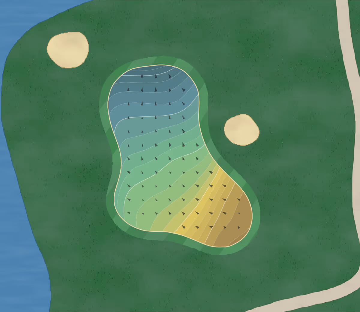 Green contour map of Westwood CC in Westlake, Ohio — 262 elevation contours at a 3-inch interval with fall-line arrows, traced from 1-meter lidar
