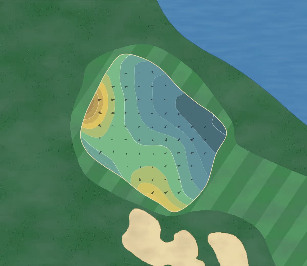 Green contour map of Westwood Golf in Houston, Texas — 180 elevation contours at a 3-inch interval with fall-line arrows, traced from 1-meter lidar