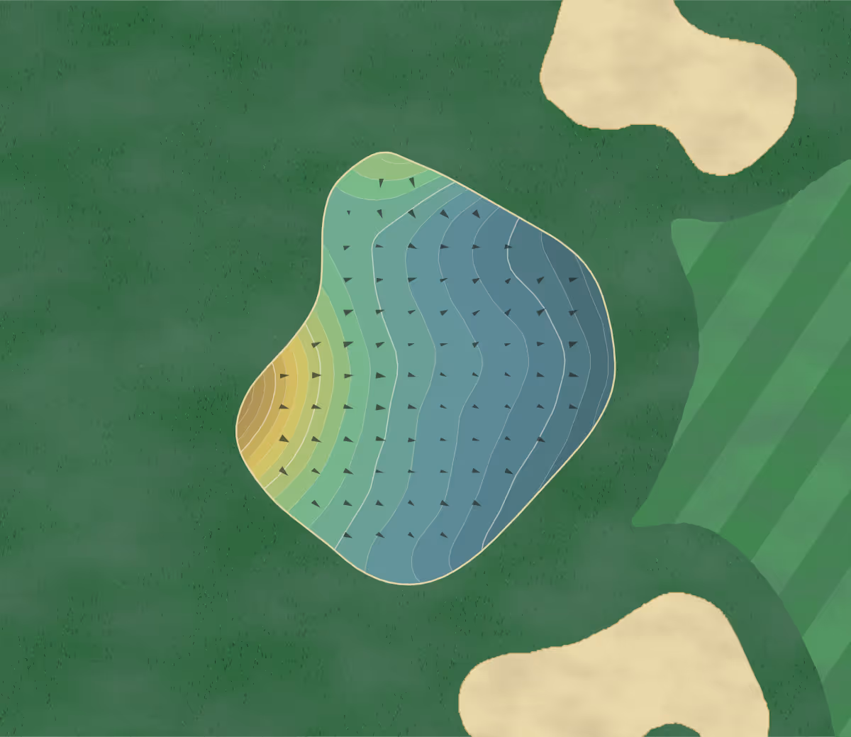 Green contour map of Westwoods GC in Farmington, Connecticut — 182 elevation contours at a 3-inch interval with fall-line arrows, traced from 1-meter lidar