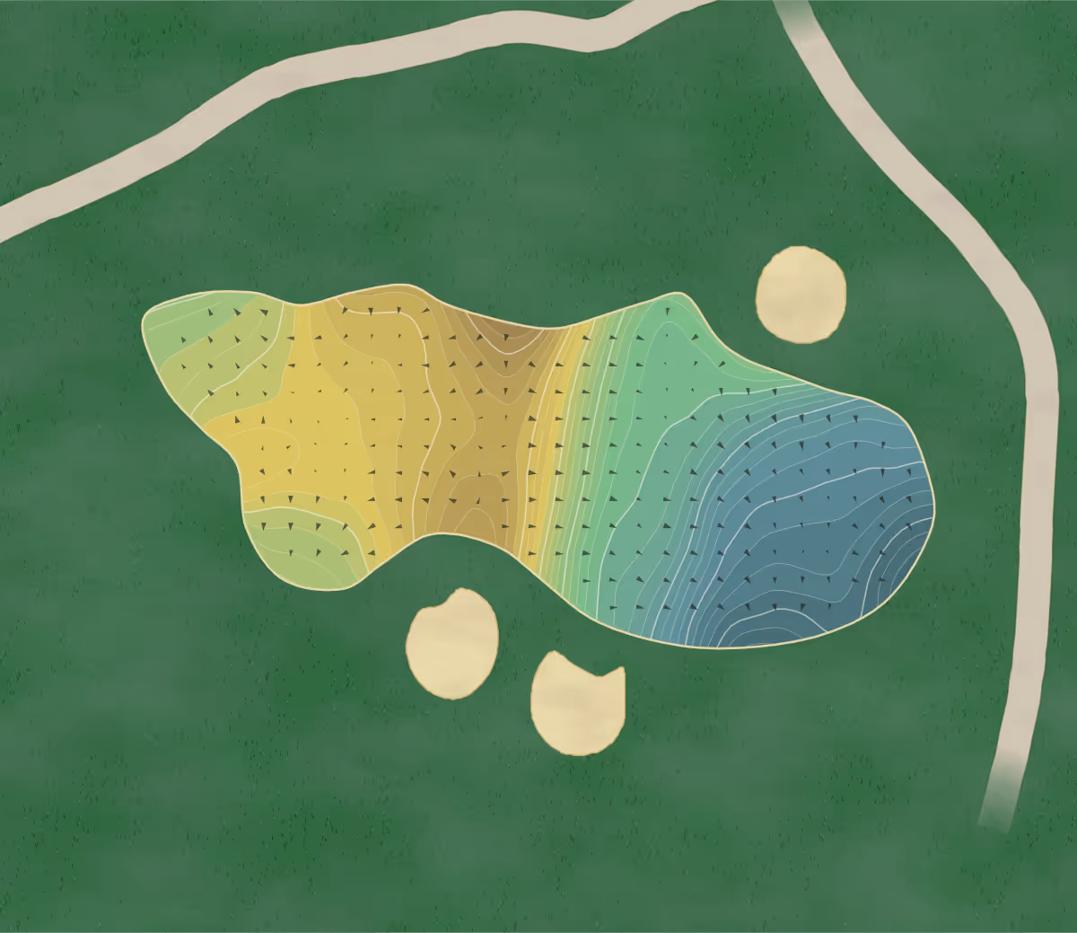 Green contour map of Westwynd in Rochester Hills, Michigan — 310 elevation contours at a 3-inch interval with fall-line arrows, traced from 1-meter lidar