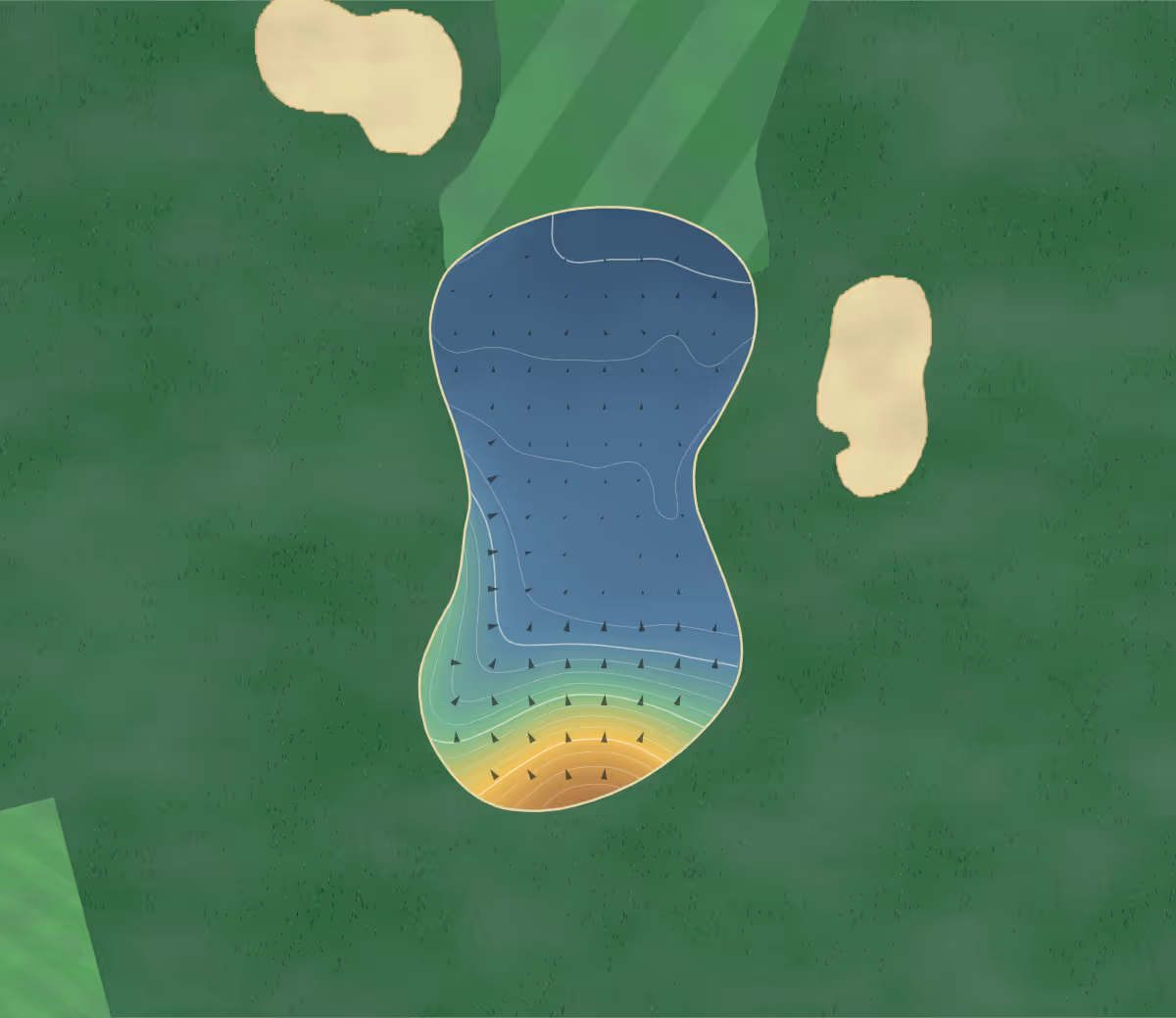 Green contour map of Weymouth in Weymouth, England — 161 elevation contours at a 8-centimeter interval with fall-line arrows, traced from 1-meter lidar