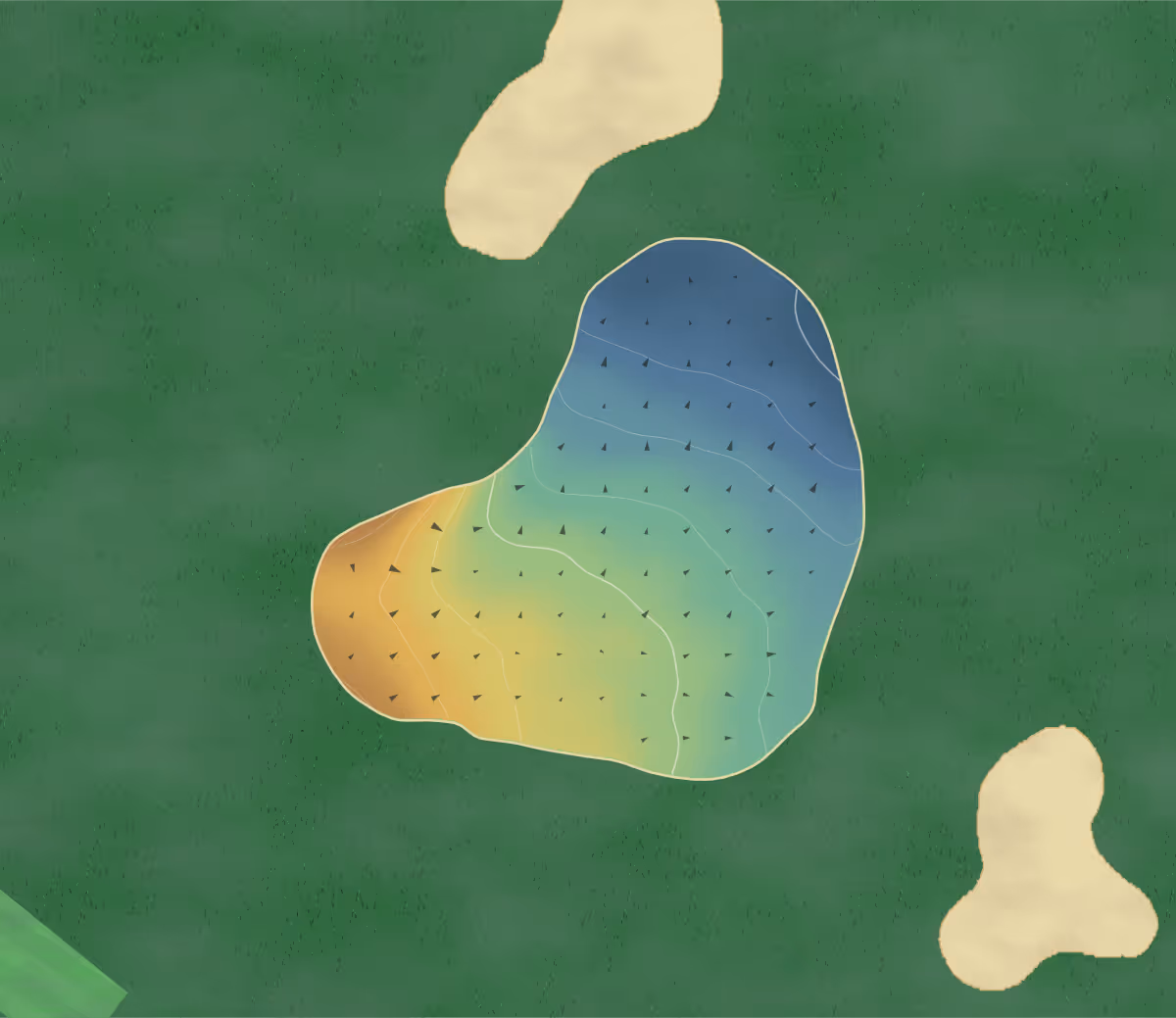 Green contour map of Wharton Park in Bewdley, England — 8 elevation contours at a 8-centimeter interval with fall-line arrows, traced from 1-meter lidar