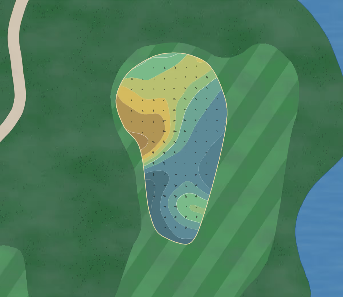 Green contour map of Whisper Creek in Huntley, Illinois — 163 elevation contours at a 3-inch interval with fall-line arrows, traced from 1-meter lidar