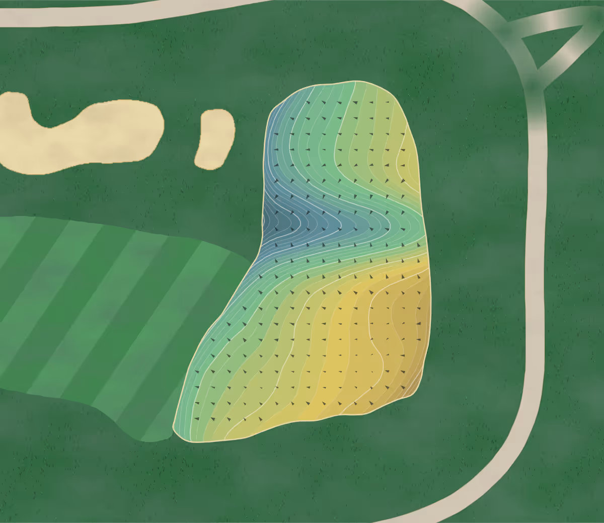 Green contour map of Whispering Creek in Sioux City, Iowa — 307 elevation contours at a 3-inch interval with fall-line arrows, traced from 1-meter lidar