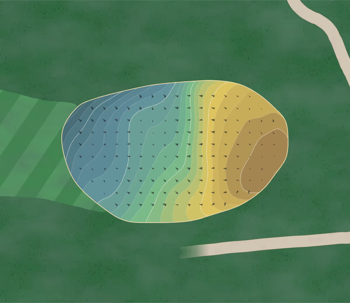 Green contour map of Whispering Pines in Cadott, Wisconsin — 233 elevation contours at a 3-inch interval with fall-line arrows, traced from 1-meter lidar