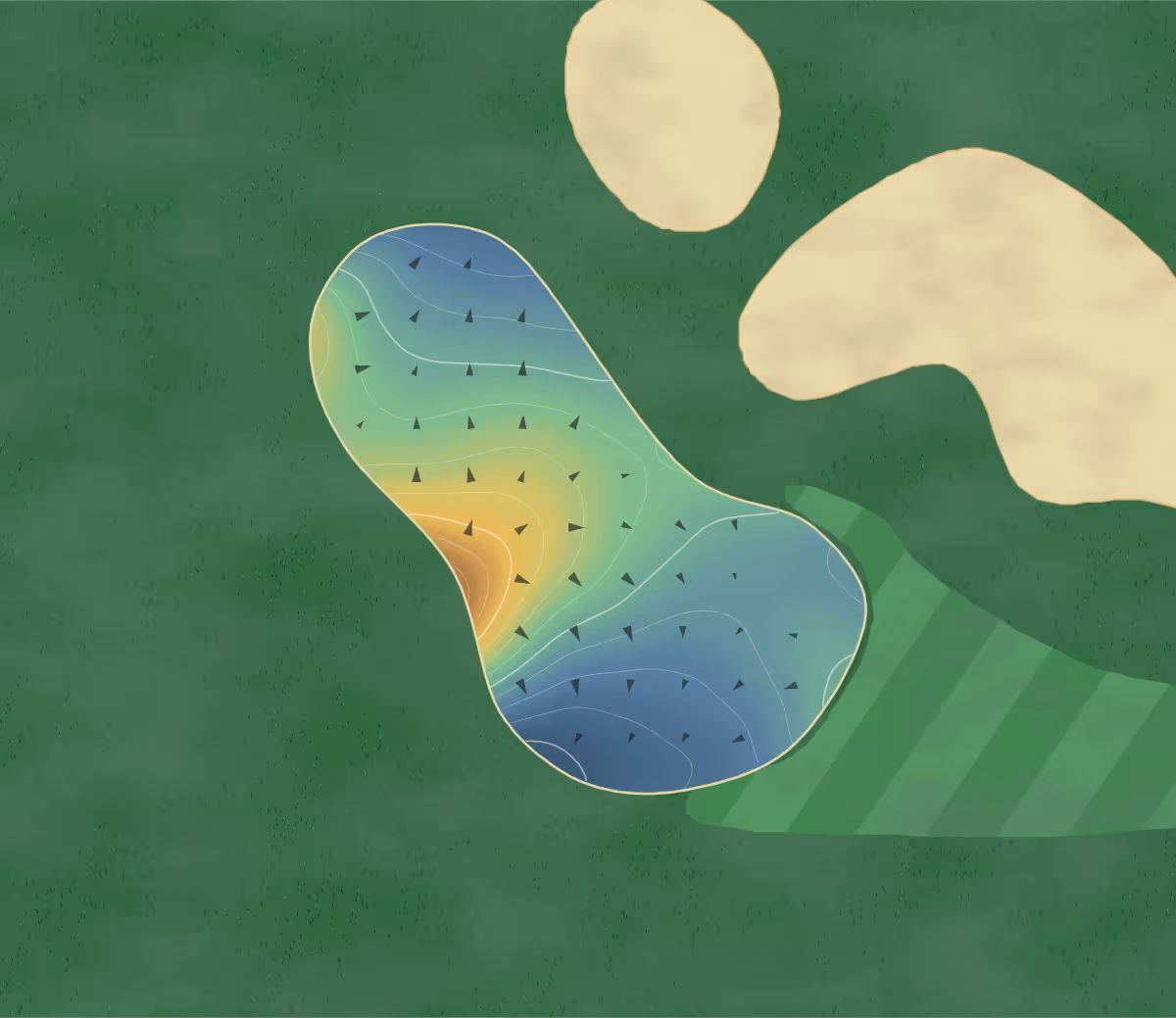 Green contour map of Whispering Pines in Myrtle Beach, South Carolina: 156 elevation contours at a 3-inch interval with fall-line arrows, traced from 1-meter lidar