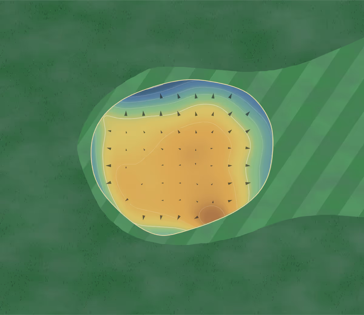 Green contour map of Whispering Woods in Council Bluffs, Iowa — 110 elevation contours at a 3-inch interval with fall-line arrows, traced from 1-meter lidar