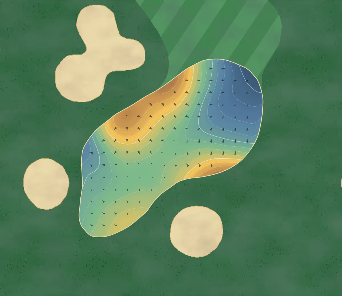 Green contour map of Whistle Bear in Cambridge, Canada — 180 elevation contours at a 8-centimeter interval with fall-line arrows, traced from 1-meter lidar