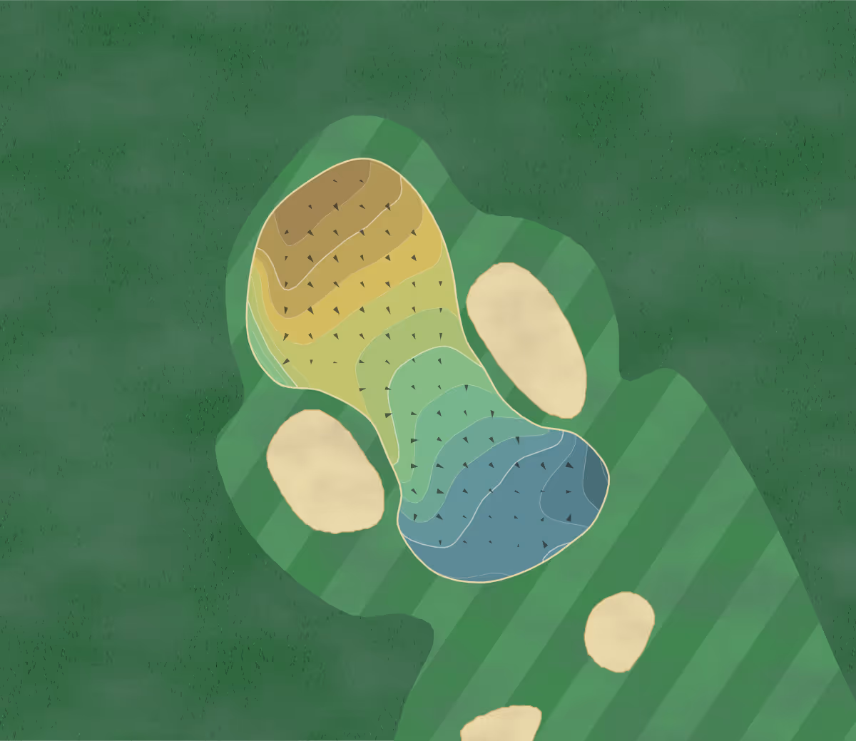 Green contour map of Whitburn GC in South Shields, England — 199 elevation contours at a 8-centimeter interval with fall-line arrows, traced from 1-meter lidar