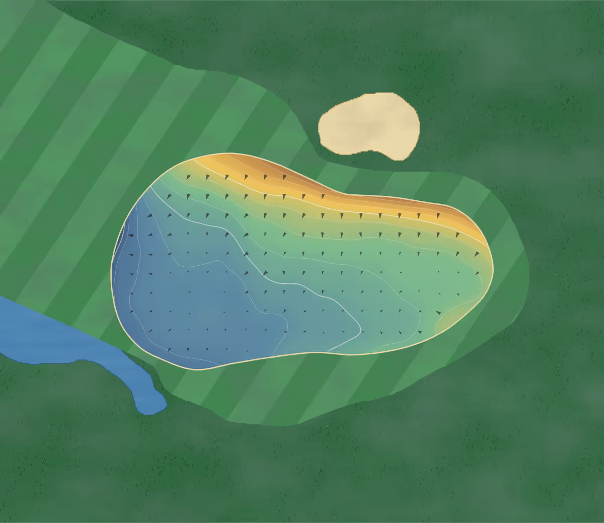Green contour map of Whitchurch in Cardiff, Wales — 12 elevation contours at a 8-centimeter interval with fall-line arrows, traced from 1-meter lidar
