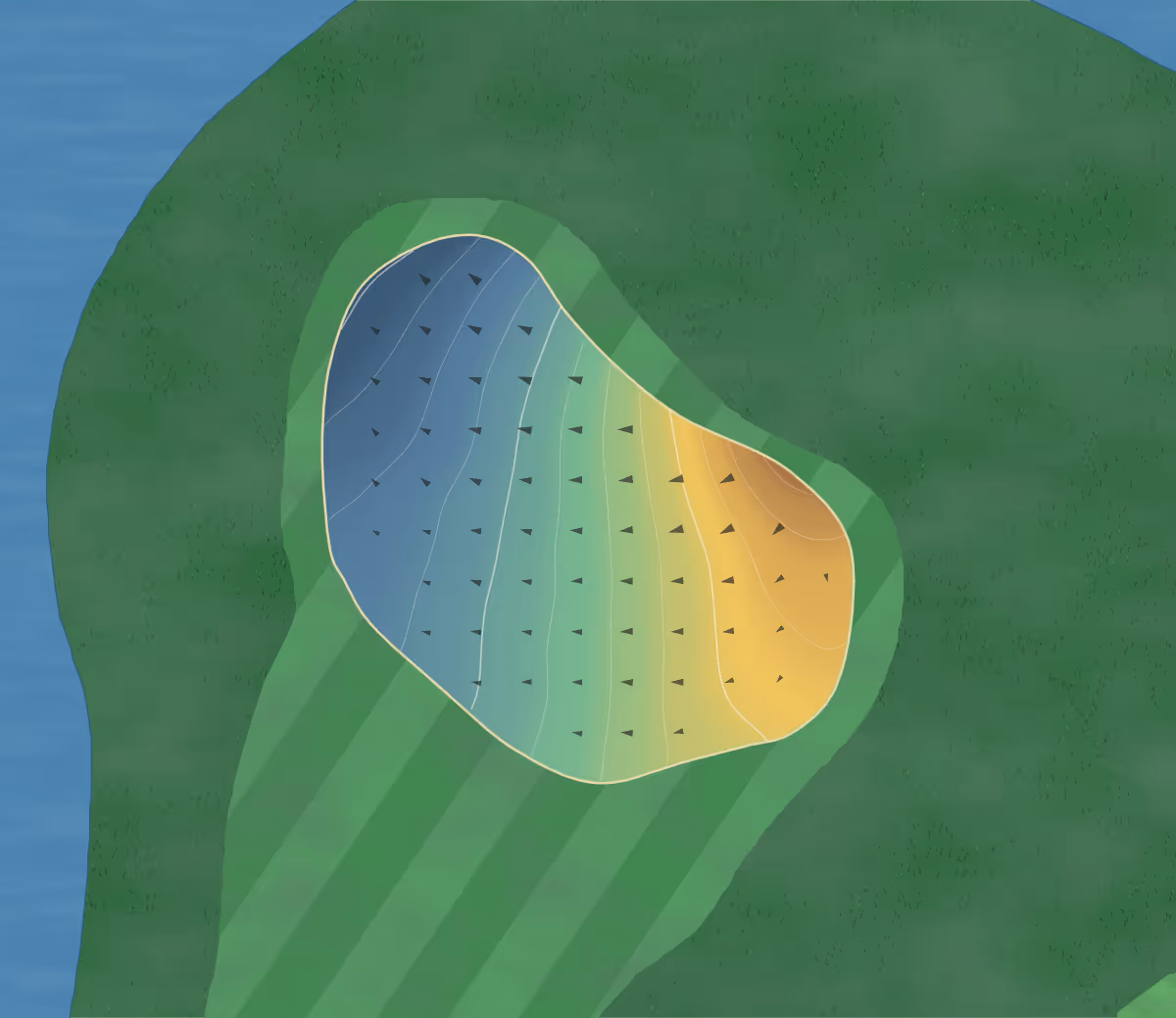 Green contour map of White Mountain Golf in Calumet City, Illinois — 49 elevation contours at a 3-inch interval with fall-line arrows, traced from 1-meter lidar