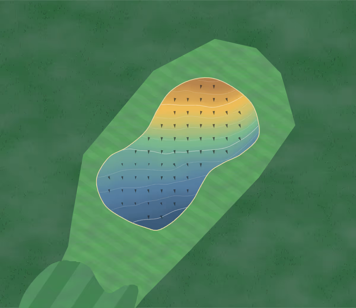 Green contour map of Whitehead in Whitehead, Northern Ireland: 16 elevation contours at a 8-centimeter interval with fall-line arrows, traced from 1-meter lidar