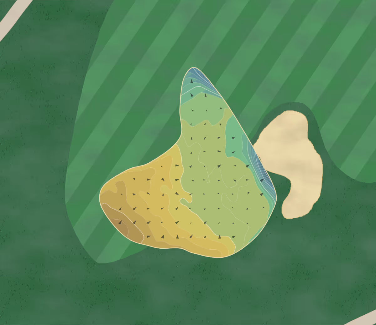 Green contour map of Whitinsville GC in Whitinsville, Massachusetts — 156 elevation contours at a 3-inch interval with fall-line arrows, traced from 1-meter lidar