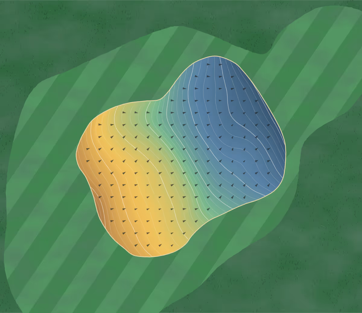 Green contour map of Whitmoor CC in St. Charles, Missouri: 283 elevation contours at a 3-inch interval with fall-line arrows, traced from 1-meter lidar