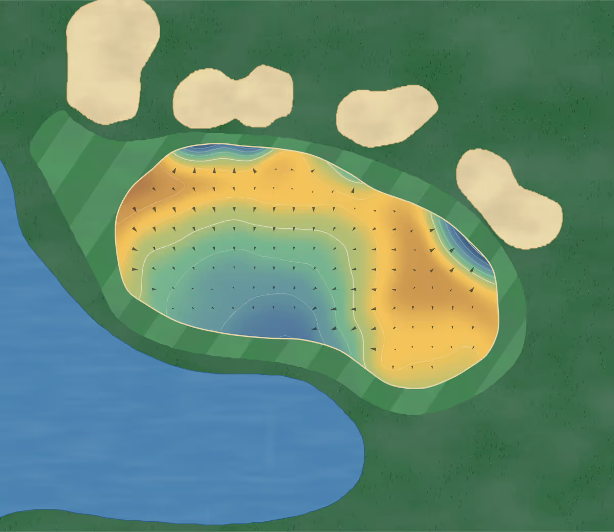 Green contour map of Whittlebury Park in Towcester, England: 202 elevation contours at a 8-centimeter interval with fall-line arrows, traced from 1-meter lidar
