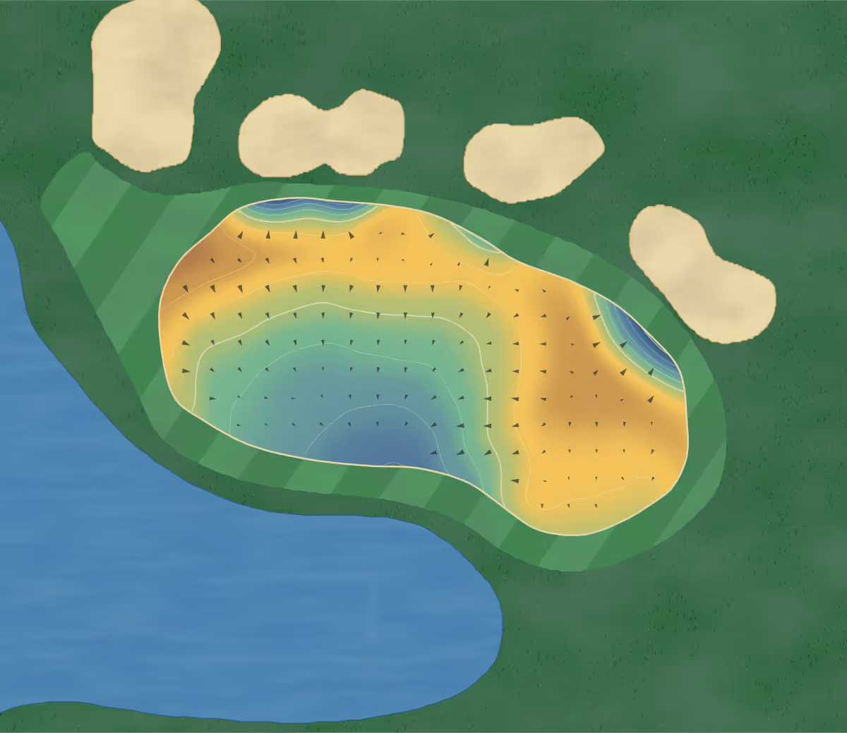 Green contour map of Whittlebury Park in Towcester, United Kingdom — 202 elevation contours at a 8-centimeter interval with fall-line arrows, traced from 1-meter lidar