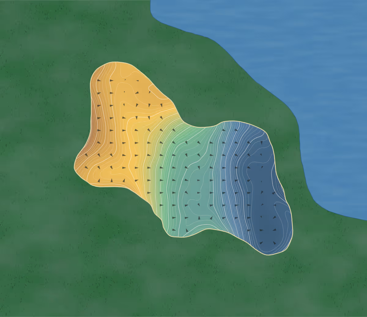 Green contour map of Widgi Creek in Bend, Oregon — 702 elevation contours at a 3-inch interval with fall-line arrows, traced from 1-meter lidar