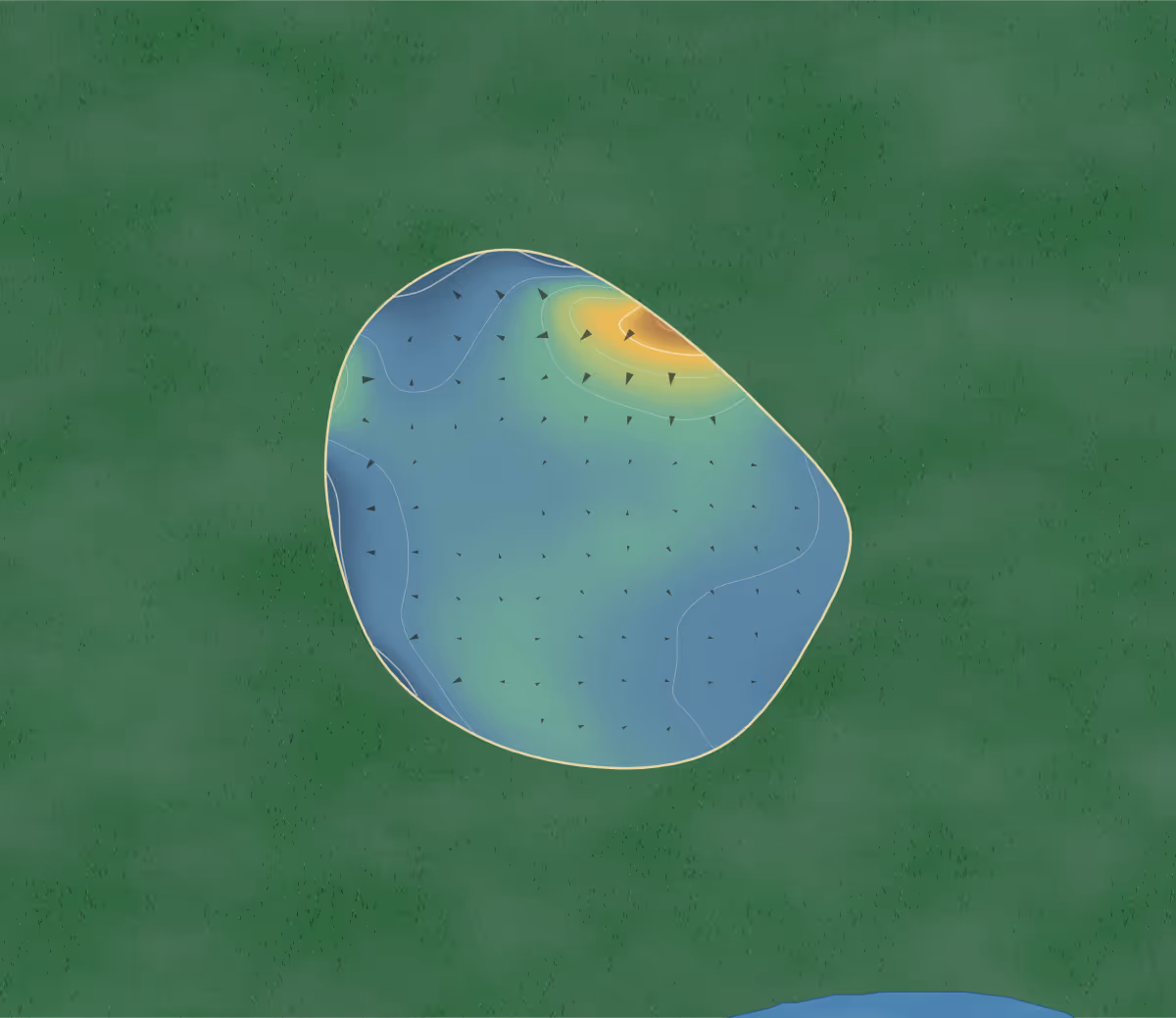 Green contour map of Widnes in Widnes, England — 107 elevation contours at a 8-centimeter interval with fall-line arrows, traced from 1-meter lidar