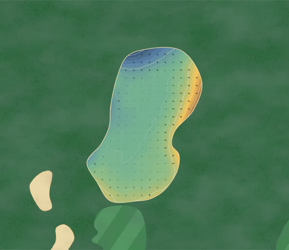 Green contour map of Wigan Golf Club in Lancashire, England: 185 elevation contours at a 8-centimeter interval with fall-line arrows, traced from 1-meter lidar