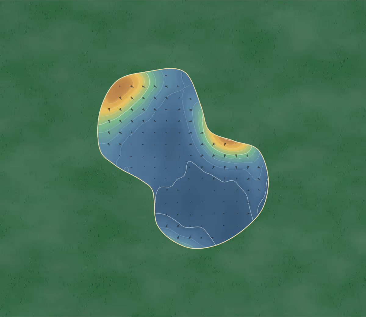 Green contour map of Wigan in Lancashire, England — 101 elevation contours at a 8-centimeter interval with fall-line arrows, traced from 1-meter lidar