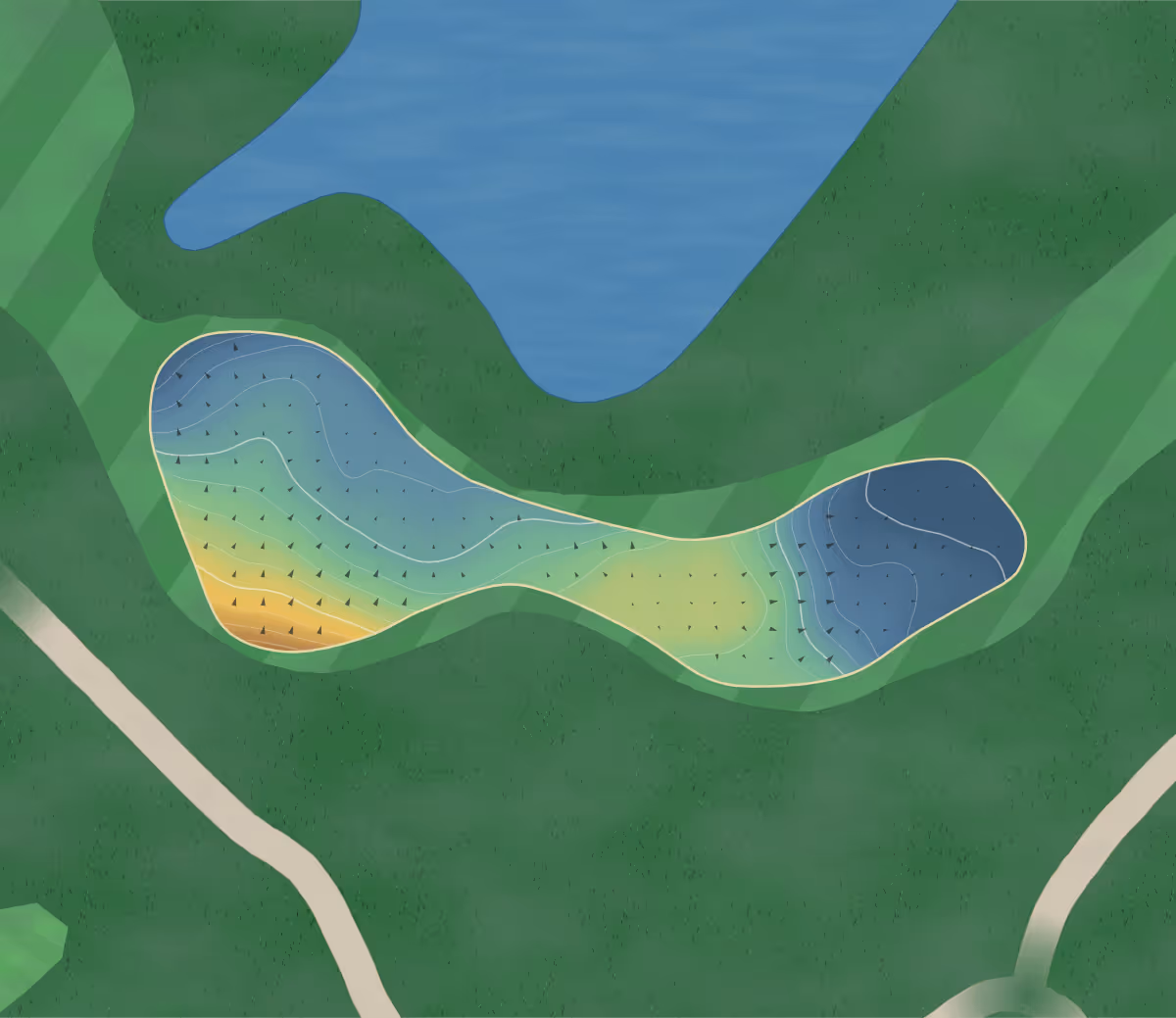 Green contour map of Wildcat Gc in Shellsburg, Iowa — 157 elevation contours at a 3-inch interval with fall-line arrows, traced from 1-meter lidar