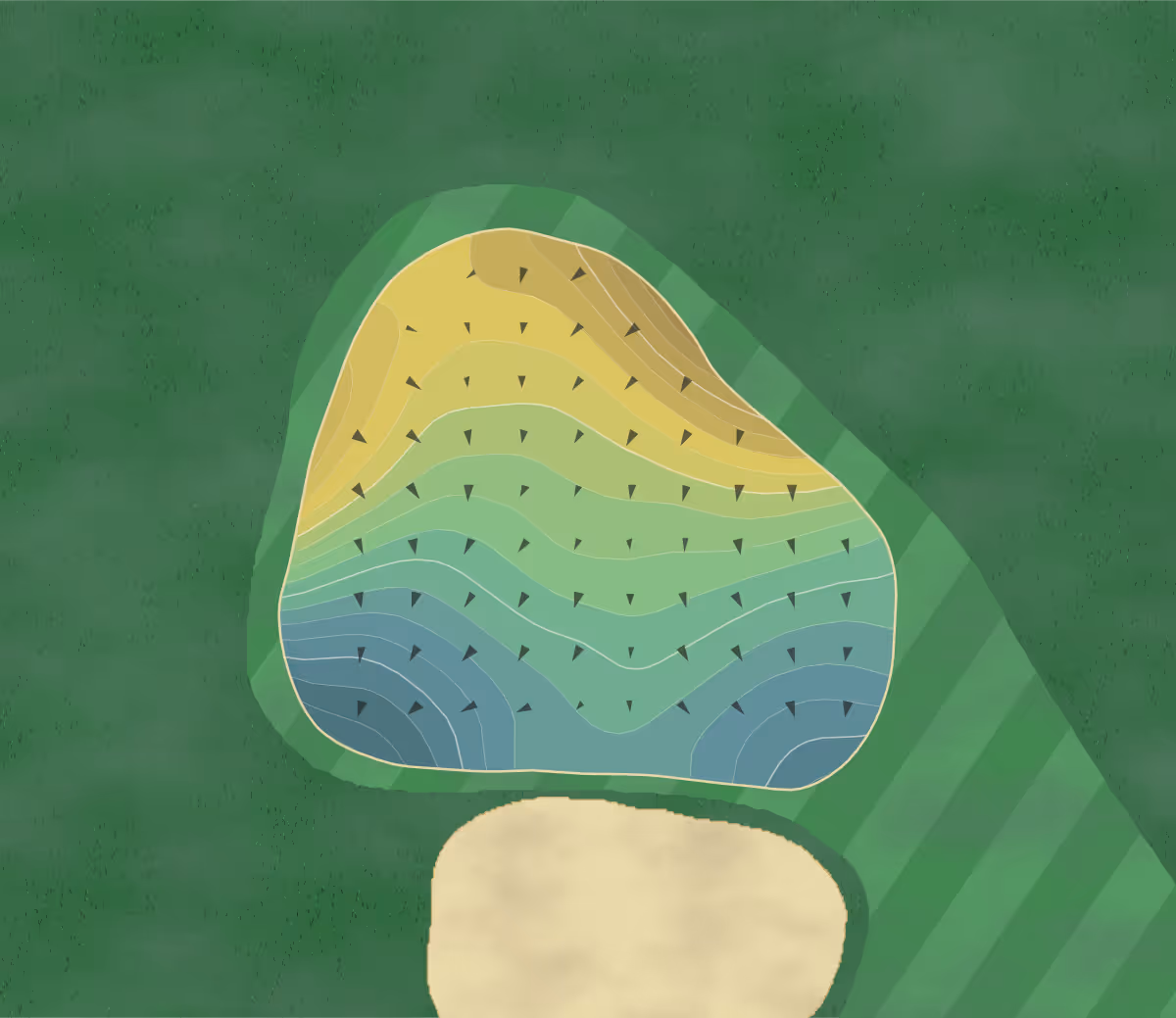 Green contour map of Wildewood Club in Columbia, South Carolina — 227 elevation contours at a 3-inch interval with fall-line arrows, traced from 1-meter lidar