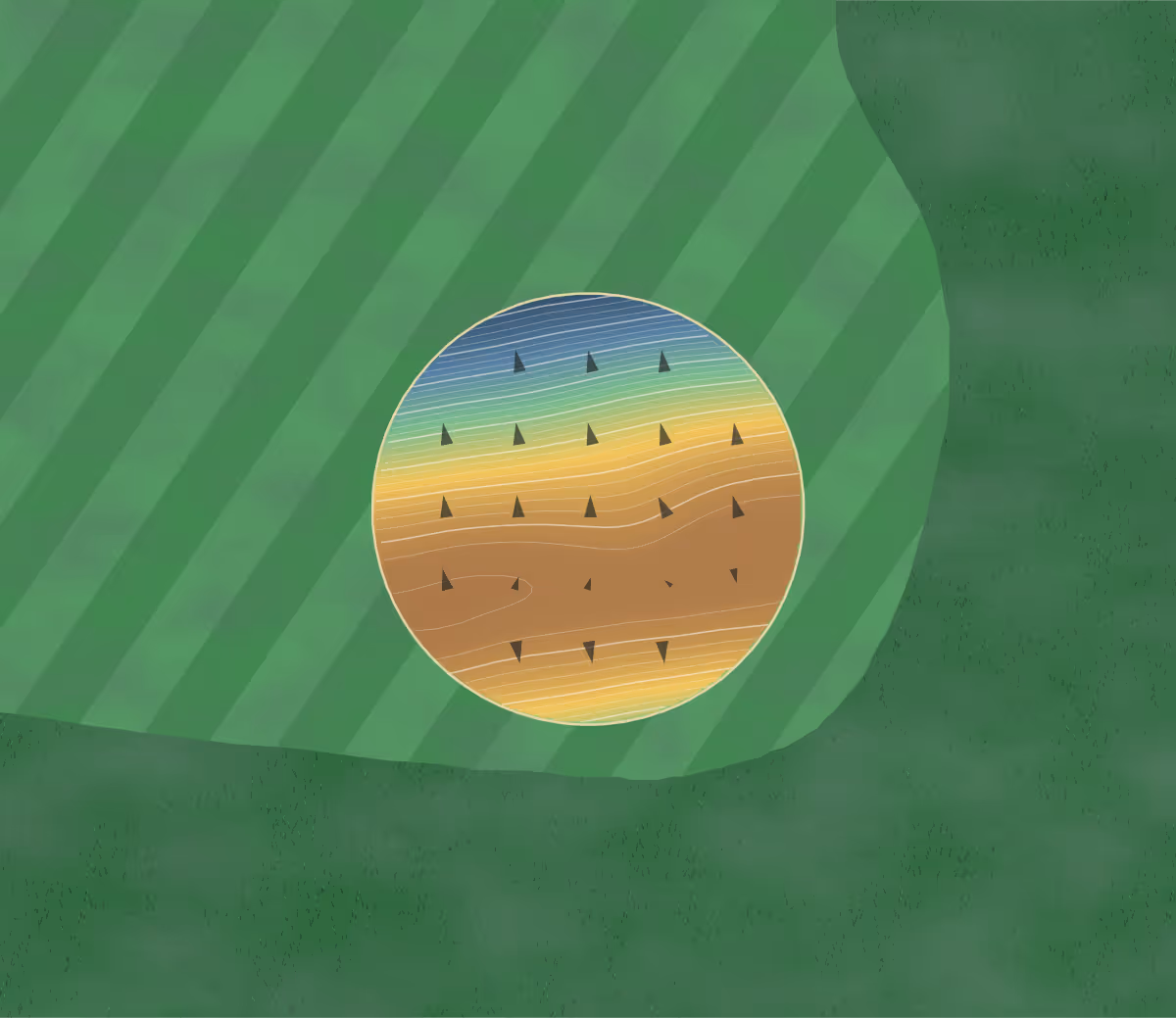 Green contour map of Wildhorse Golf Club @ in Denton, Texas: 118 elevation contours at a 3-inch interval with fall-line arrows, traced from 1-meter lidar