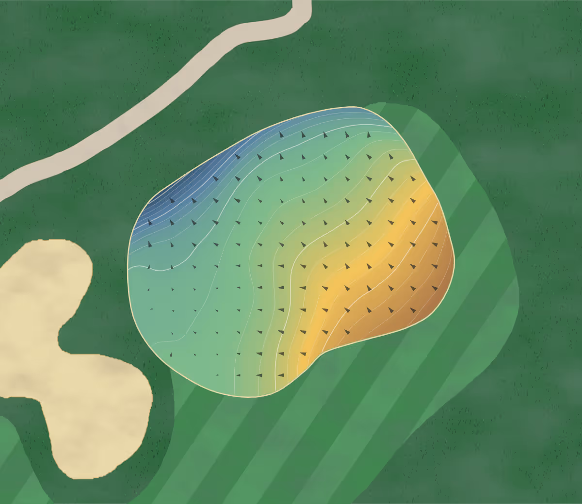 Green contour map of Wildwinds Golf and Country Club Wildwinds Golf Club in Rockwood, Canada — 212 elevation contours at a 8-centimeter interval with fall-line arrows, traced from 1-meter lidar