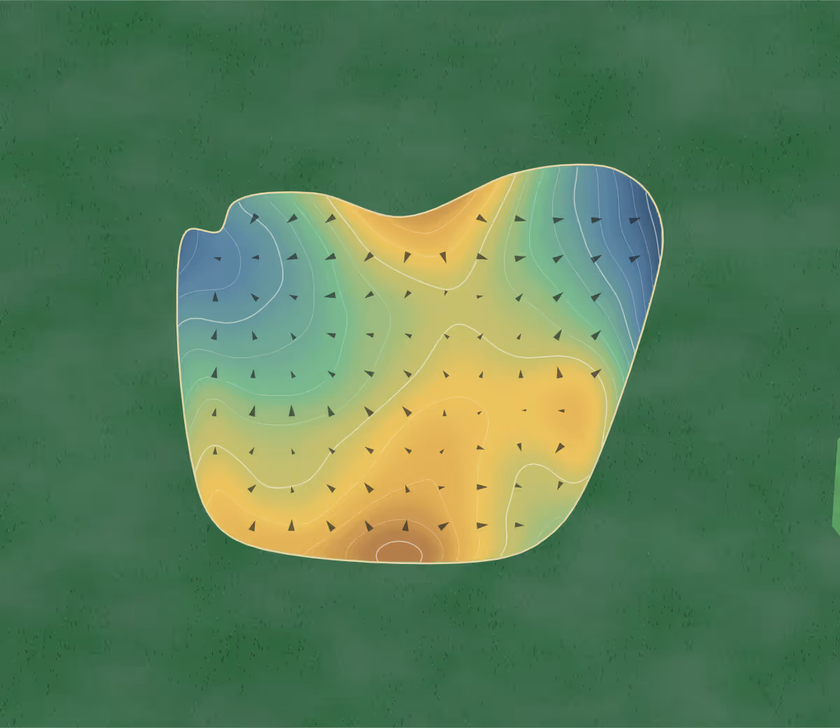 Green contour map of Wildwood Green in Raleigh, North Carolina: 227 elevation contours at a 3-inch interval with fall-line arrows, traced from 1-meter lidar