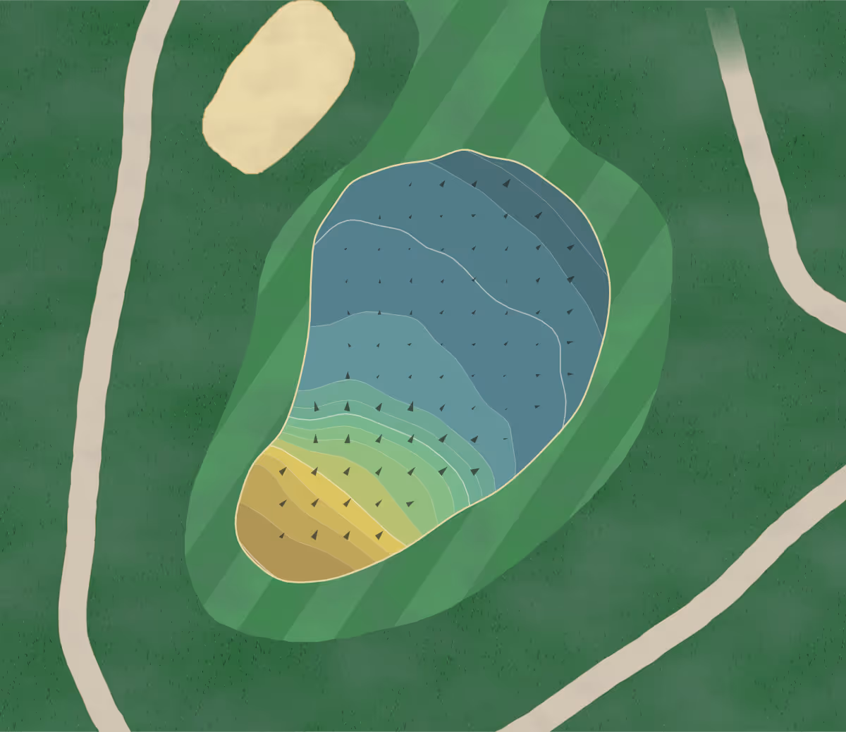 Green contour map of Wilkshire GC in Bolivar, Ohio — 139 elevation contours at a 3-inch interval with fall-line arrows, traced from 1-meter lidar