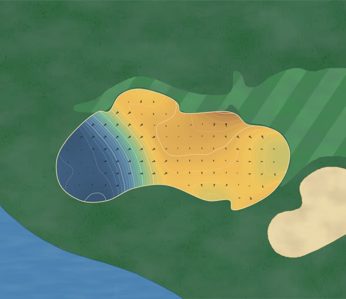 Green contour map of Williamsburg GC in Williamsburg, Virginia: 97 elevation contours at a 3-inch interval with fall-line arrows, traced from 1-meter lidar