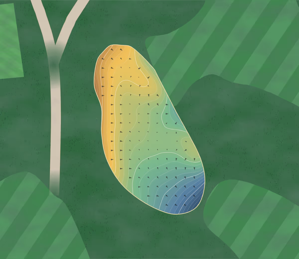 Green contour map of Willow Creek Golf Course Blue in West Des Moines, Iowa — 170 elevation contours at a 3-inch interval with fall-line arrows, traced from 1-meter lidar