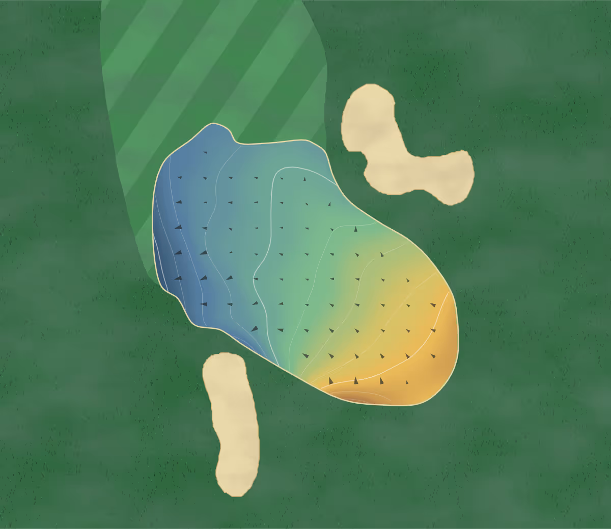 Green contour map of Willow Greens in Willow Beach, Canada — 54 elevation contours at a 8-centimeter interval with fall-line arrows, traced from 1-meter lidar