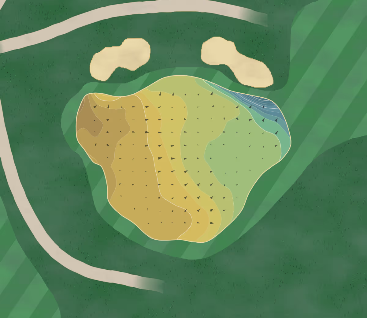 Green contour map of Wilmslow GC in Knutsford, England — 151 elevation contours at a 8-centimeter interval with fall-line arrows, traced from 1-meter lidar