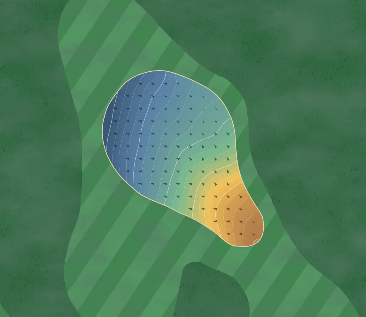 Green contour map of Wiltshire in Swindon, England: 159 elevation contours at a 8-centimeter interval with fall-line arrows, traced from 1-meter lidar