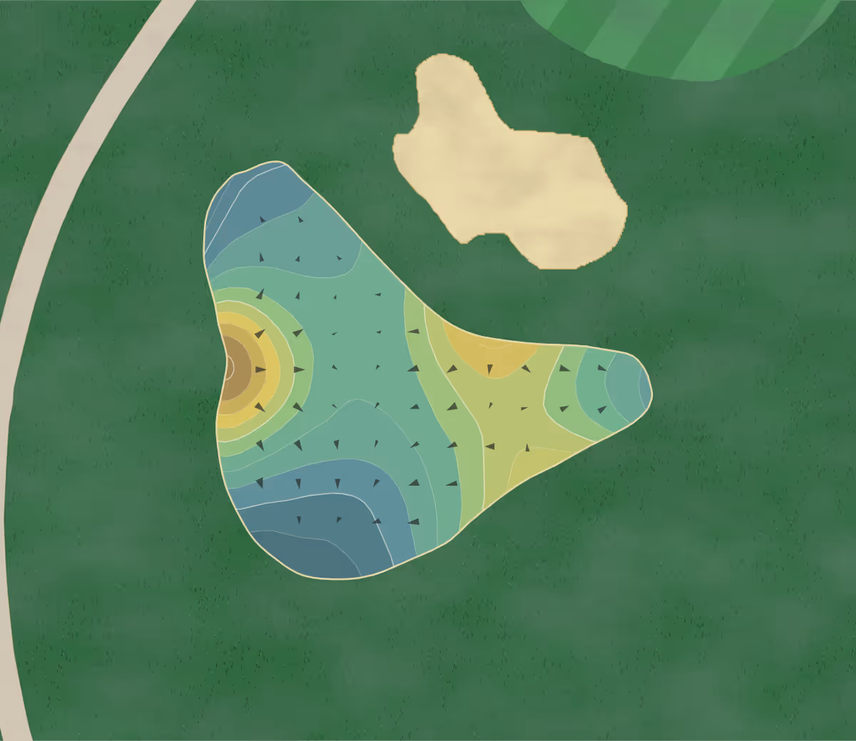 Green contour map of Windermere Club in Columbia, South Carolina — 220 elevation contours at a 3-inch interval with fall-line arrows, traced from 1-meter lidar