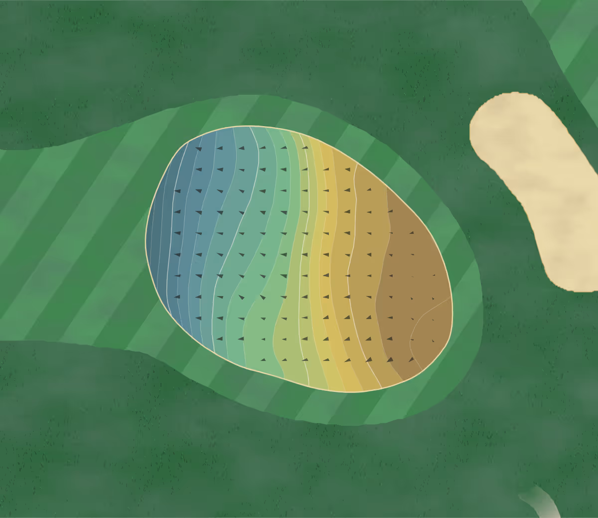 Green contour map of Windermere Golf in Windermere, England — 185 elevation contours at a 8-centimeter interval with fall-line arrows, traced from 1-meter lidar