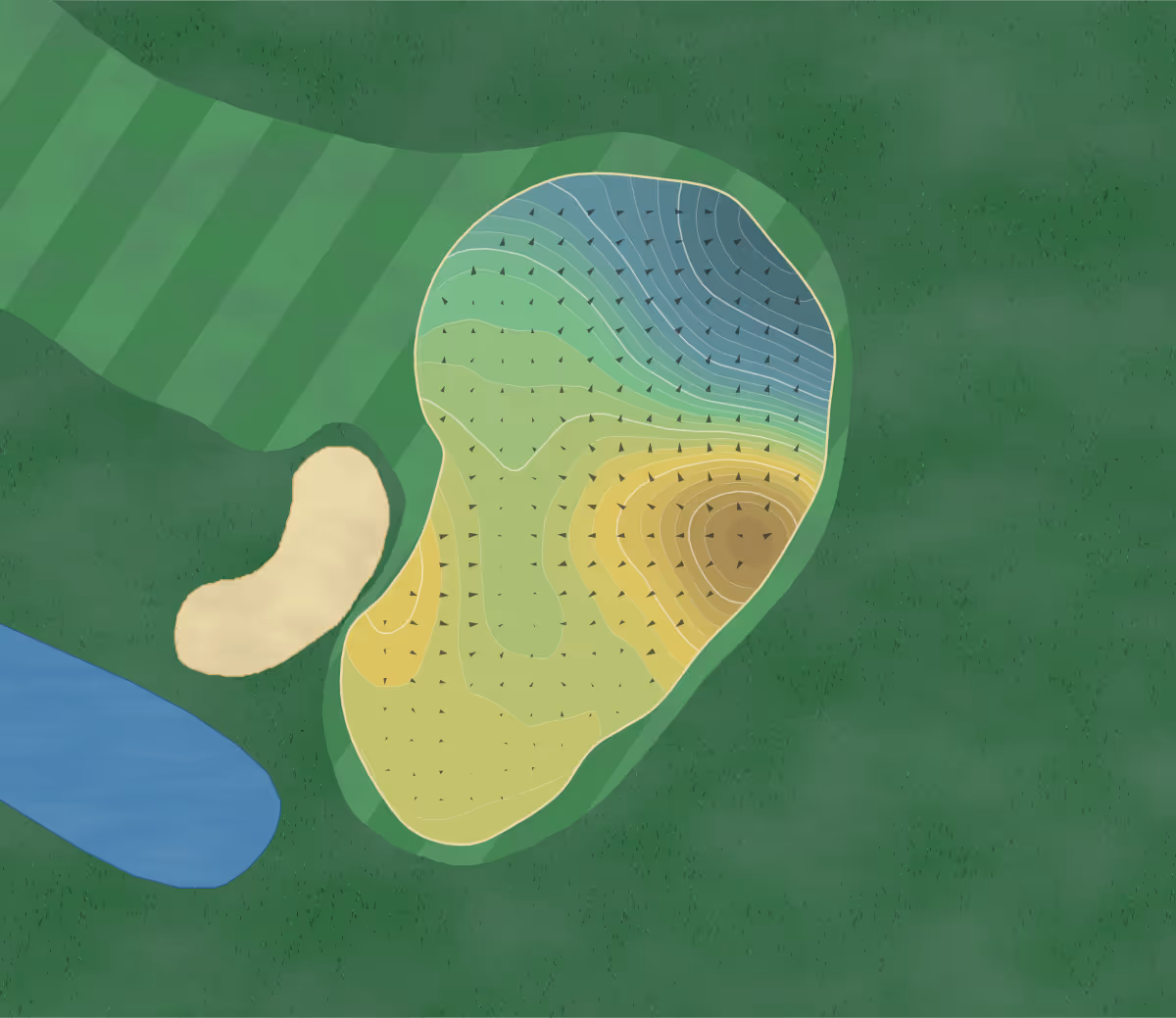Green contour map of Windlesham GC in Surrey, England — 256 elevation contours at a 8-centimeter interval with fall-line arrows, traced from 1-meter lidar