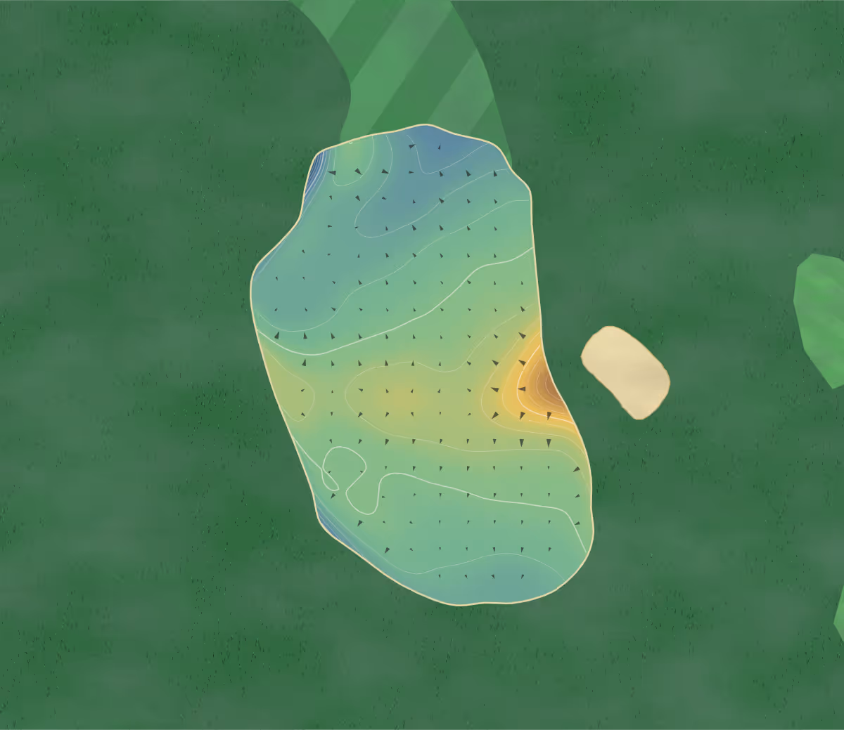 Green contour map of Windross Farm in Ardmore, New Zealand — 219 elevation contours at a 8-centimeter interval with fall-line arrows, traced from 1-meter lidar