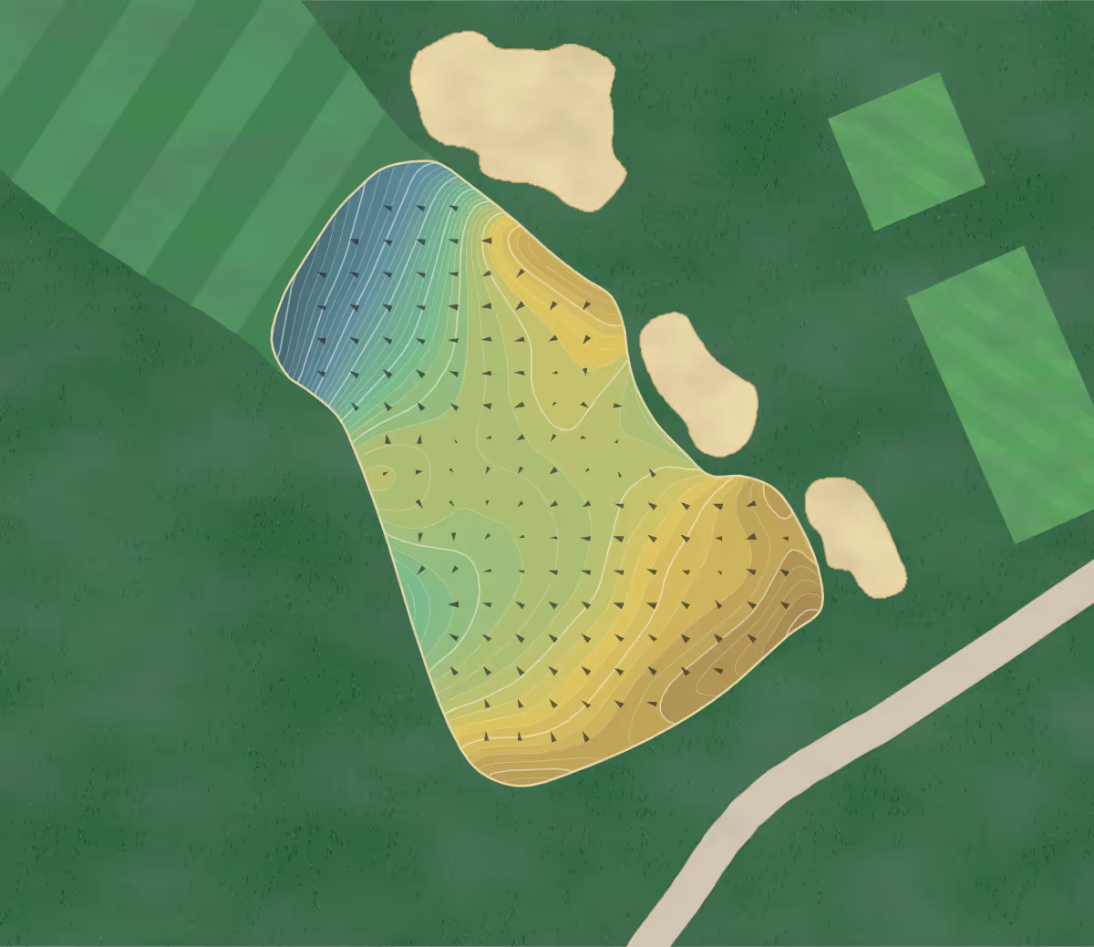 Green contour map of Winged Foot in New York, United States — 624 elevation contours at a 3-inch interval with fall-line arrows, traced from 1-meter lidar