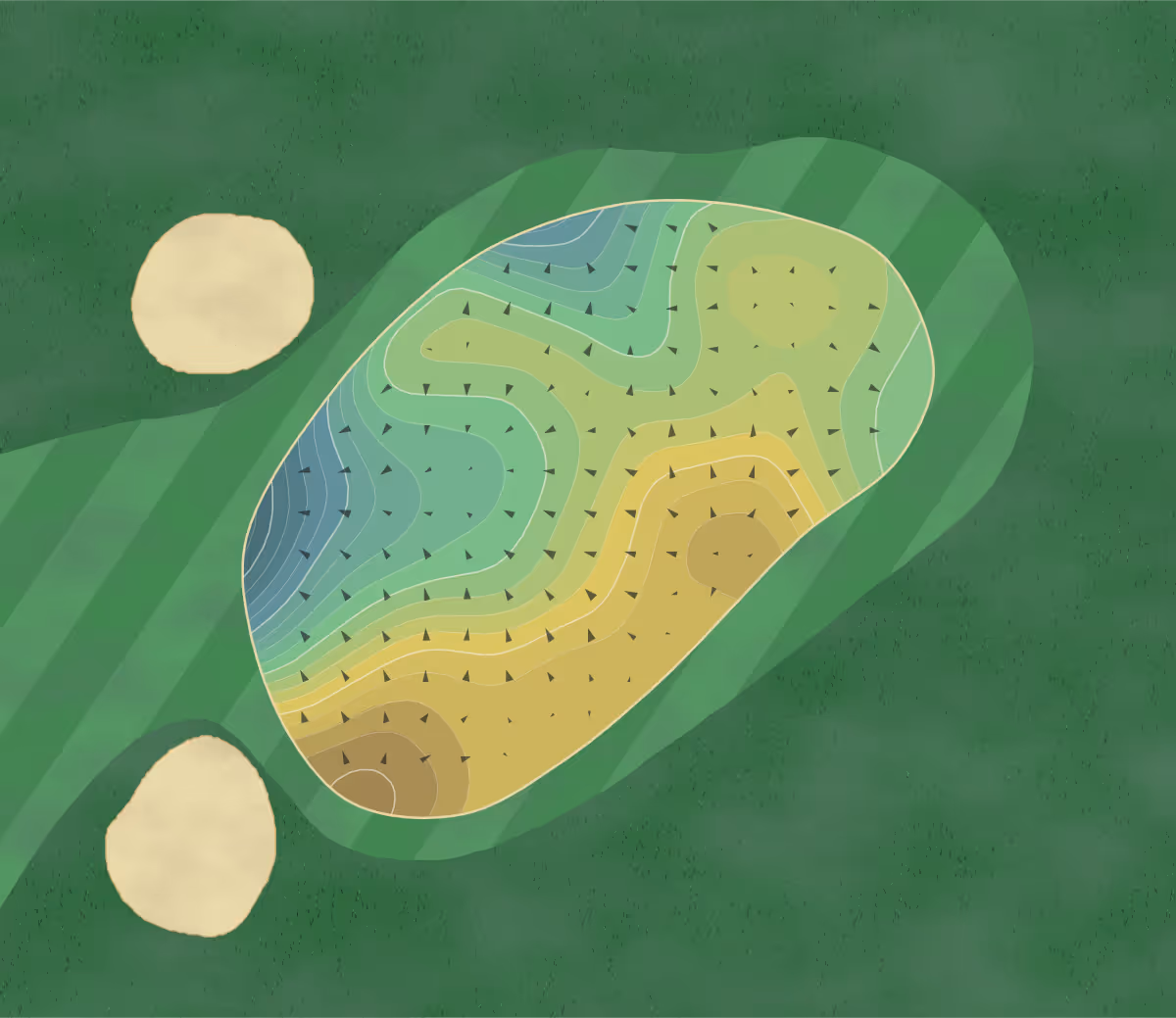 Green contour map of The Roc Course in Shortsville, New York — 107 elevation contours at a 3-inch interval with fall-line arrows, traced from 1-meter lidar