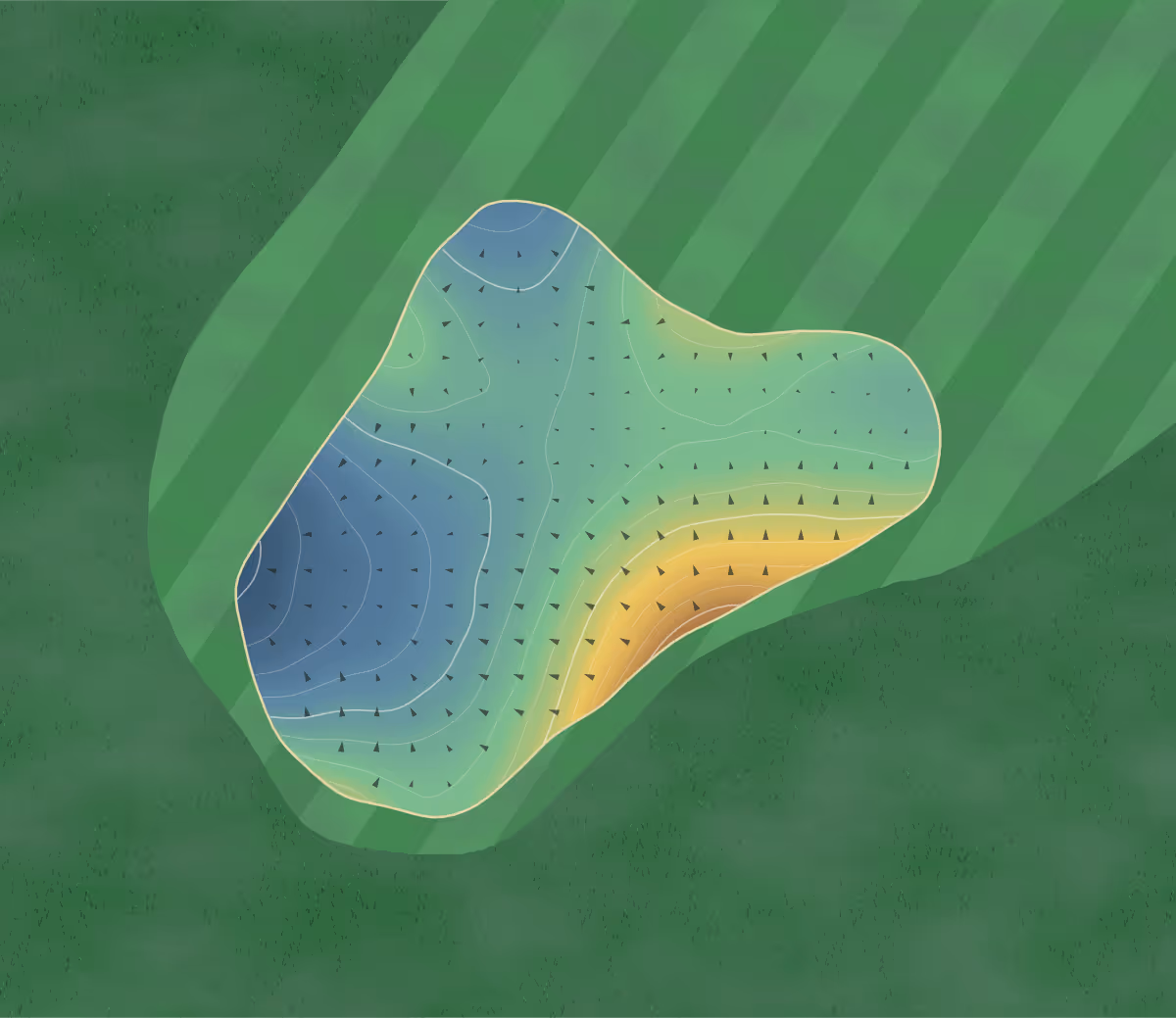 Green contour map of Wingfield in Calgary, Canada — 102 elevation contours at a 8-centimeter interval with fall-line arrows, traced from 1-meter lidar