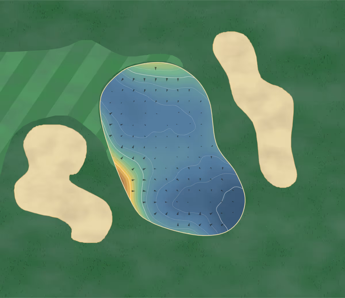 Green contour map of Wintergreen in Bragg Creek, Canada: 40 elevation contours at a 8-centimeter interval with fall-line arrows, traced from 1-meter lidar
