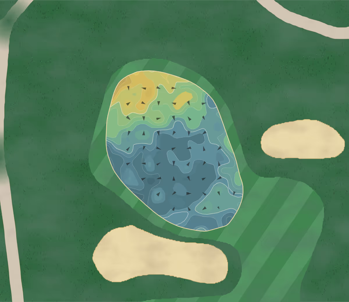 Green contour map of Winthrop GC in Winthrop, Massachusetts — 99 elevation contours at a 3-inch interval with fall-line arrows, traced from 1-meter lidar