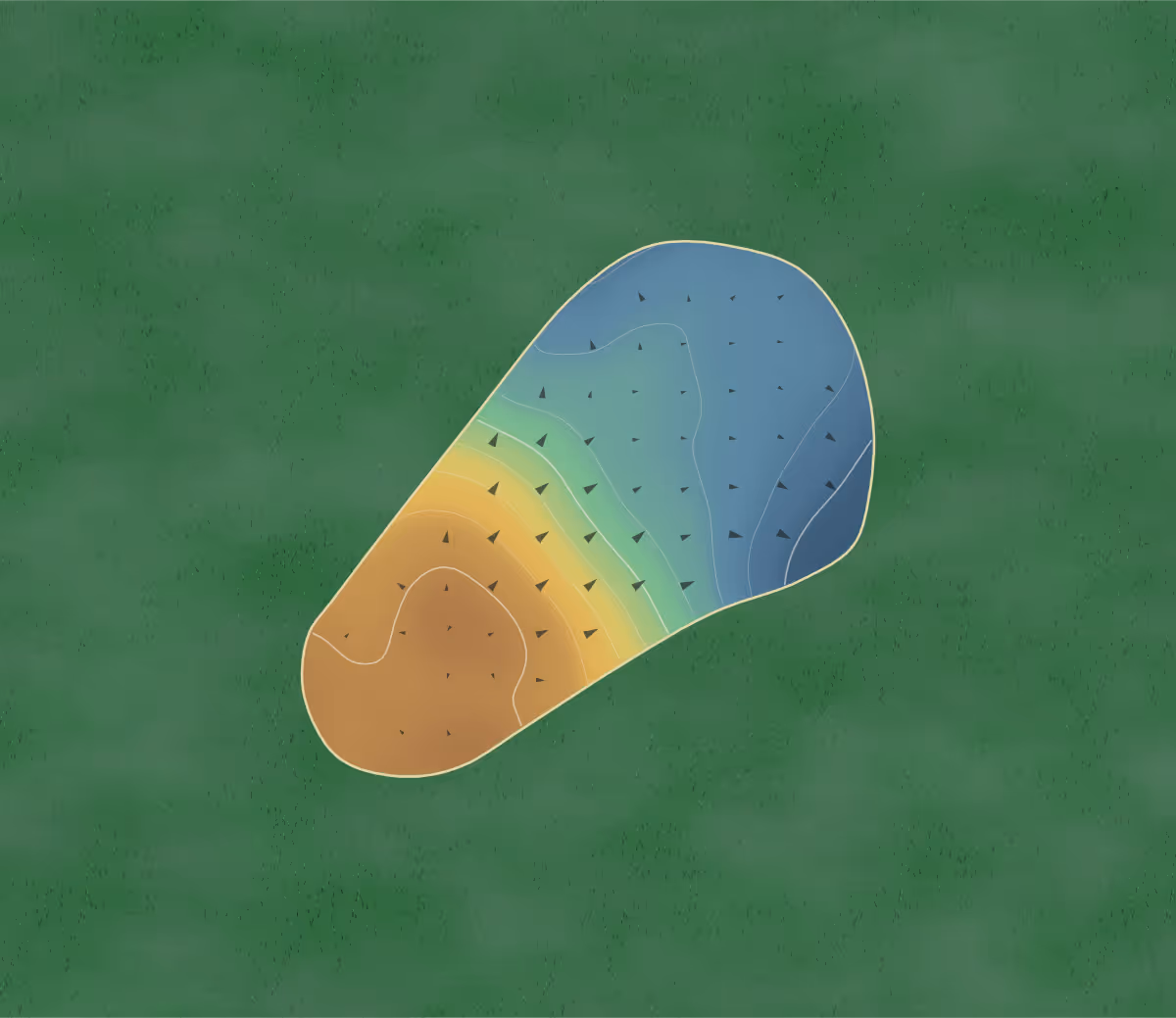 Green contour map of Winton in Winton, New Zealand — 81 elevation contours at a 8-centimeter interval with fall-line arrows, traced from 1-meter lidar