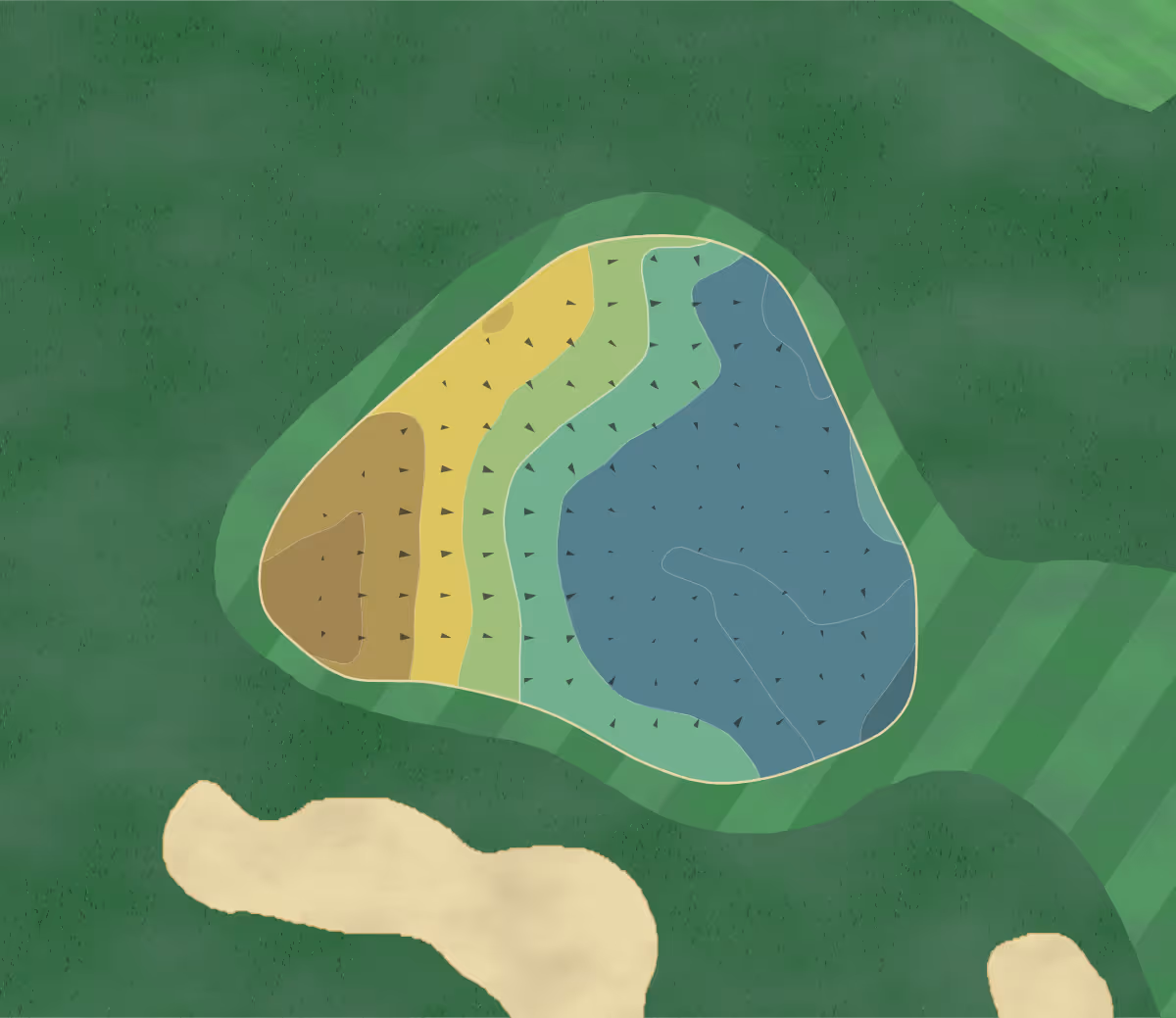 Green contour map of Witney Lakes in Oxfordshire, England — 129 elevation contours at a 8-centimeter interval with fall-line arrows, traced from 1-meter lidar